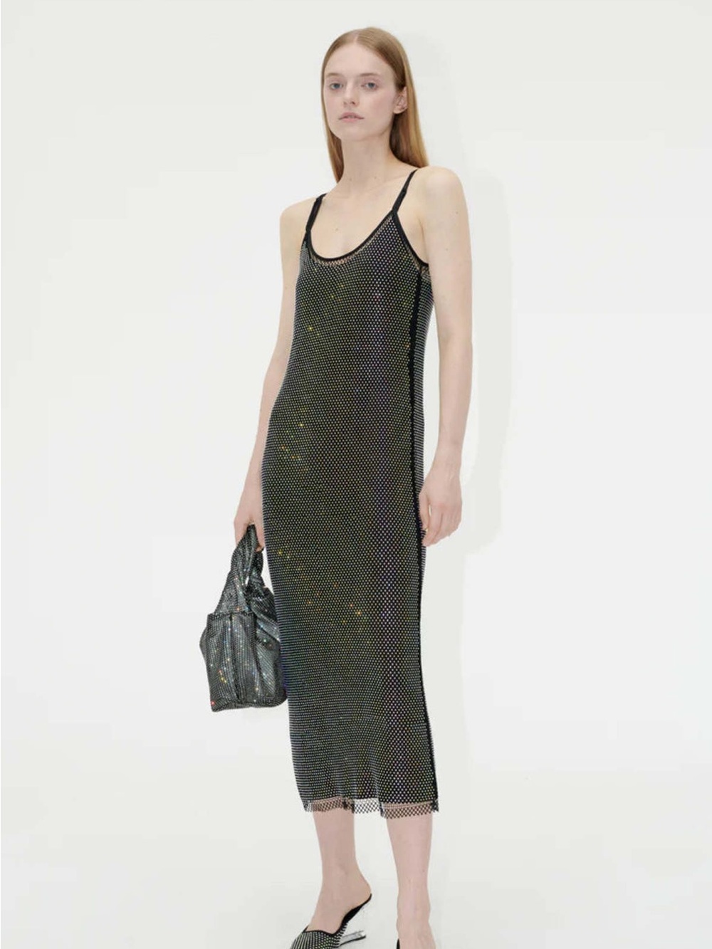 STINE GOYA Black Metallic Mesh Maxi Slip Dress